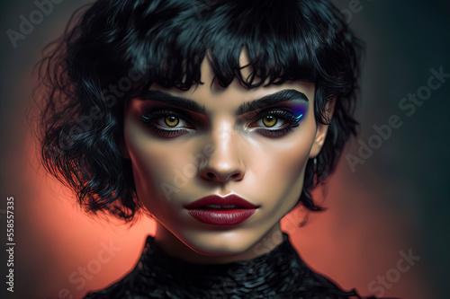 beautiful 80s mexican girl goth makeup and short black hair