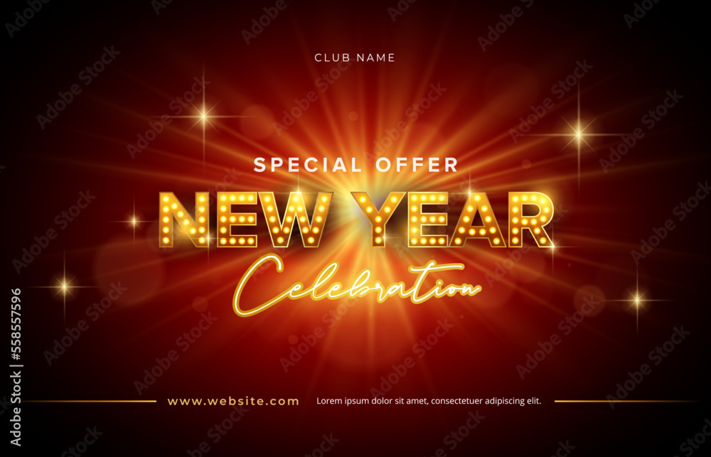New Year Celebration design with shinning star, lightbulb wording in red burst background
