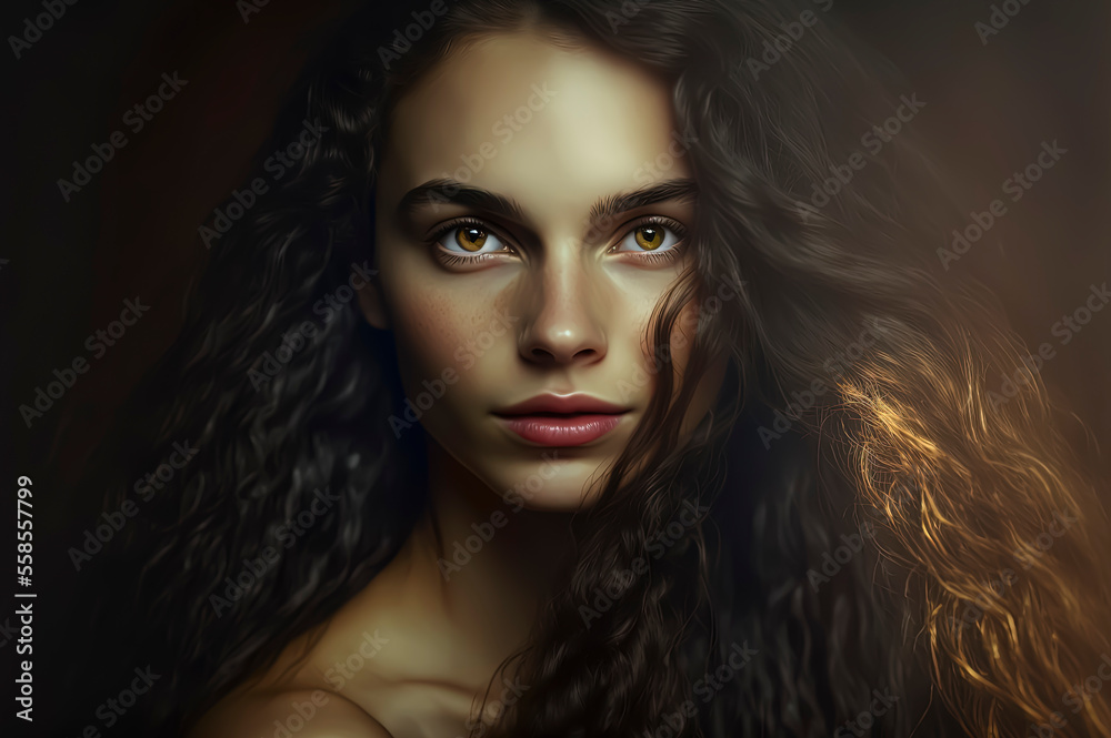 Fototapeta premium Portrait of a beautiful girl, She has long, flowing hair that is a rich, dark color, and her skin is a warm, golden tone.
