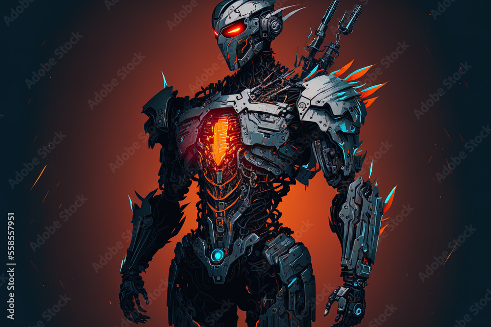 Illustration of a futuristic huge mecha robot assassin built from the head, arms, legs, and weapons. Generative AI