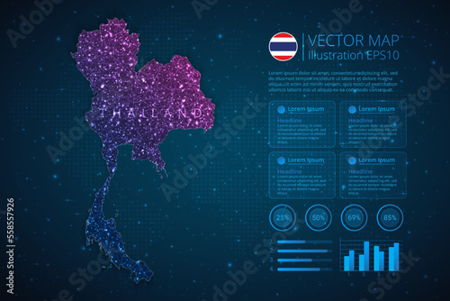 Thailand map infographics template for diagram, graph, presentation and chart with abstract geometric mesh polygonal light concept on blue background. Vector Illustration EPS10.