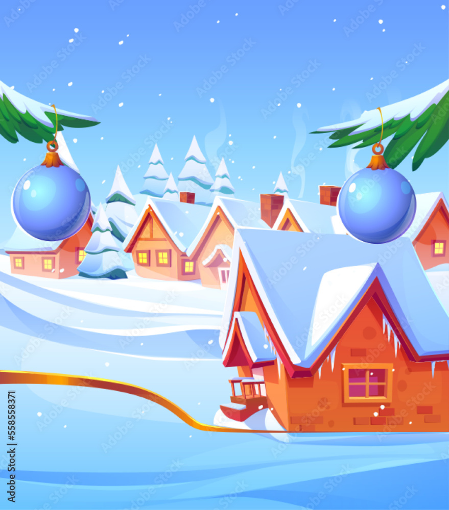 Winter village landscape with houses covered in snow and Christmas decorations on trees. Cartoon vector illustration of cozy settlement surrounded by forest under blue sky. Holiday card background