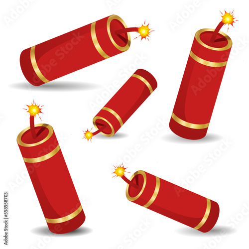 Festive Chinese New Year firecracker set. Isolated on white and red, exploding with flashes and smoke. Translated characters Good Luck and double love. Vector illustration.