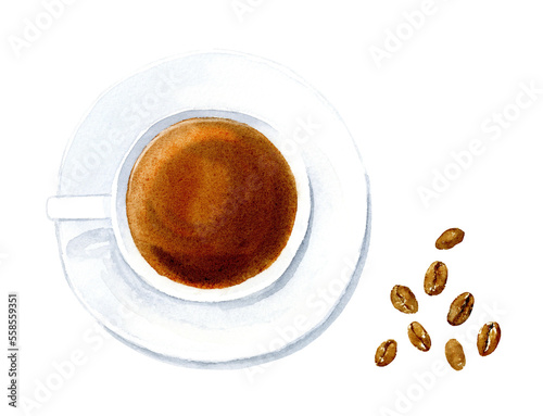 上から見たコーヒーとコーヒー豆の水彩イラスト