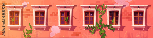 Old apartment house facade with flower pots in classic window frames, cracks and damages on red brick wall, vintage outdoor lamps. Urban architecture. Neighborhood concept. Cartoon vector illustration