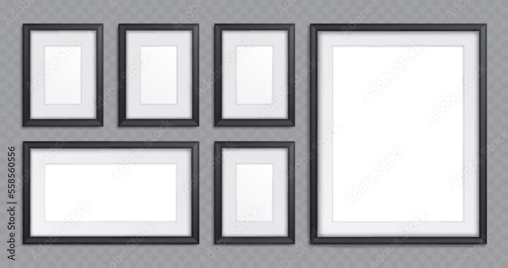 Black frames collage isolated on transparent background. Realistic vector illustration of elements for gallery or room interior design, rectangular picture photo templates of different size Home decor Black frames collage isolated on transparent background. Realistic vector illustration of elements for gallery or room interior design, rectangular picture photo templates of different size Home decor