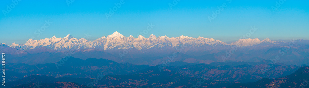 Panoramic view of Himalayan Mountain Ranges at Kasardevi, Nanital, Uttarakhand, Kumani Range. Himalaya Panoramic photography