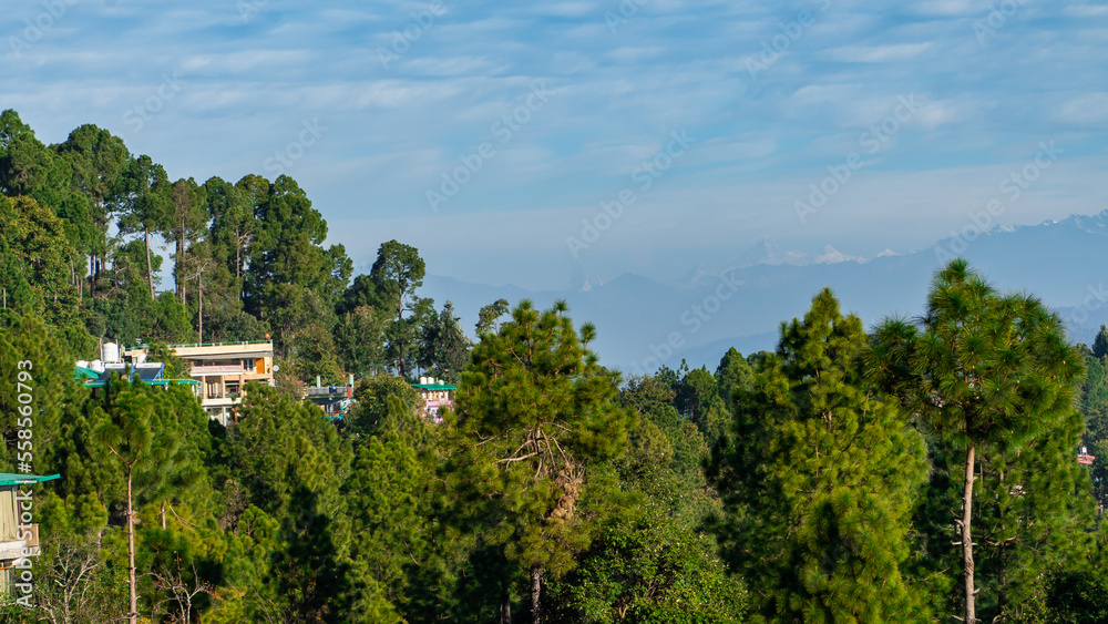 Panoramic beautiful view of mount Trisul, Nanda Devi with the beautiful sky on the way to Binsar, Kasardevi, Almora Uttarakhand Panoramic beautiful view of mount Trisul, Nanda Devi with the beautiful sky on the way to Binsar, Kasardevi, Almora Uttarakhand