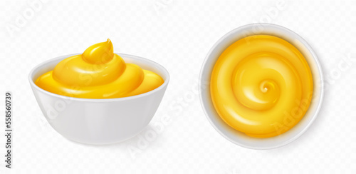 Realistic white bowl with dijon mustard or sweet honey isolated on transparent background. Vector illustration set of side and top view porcelain dish with spicy souce for dipping fast food snacks