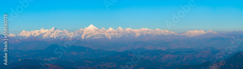 Panoramic view of Himalayan Mountain Ranges at Kasardevi, Nanital, Uttarakhand, Kumani Range. Himalaya Panoramic photography