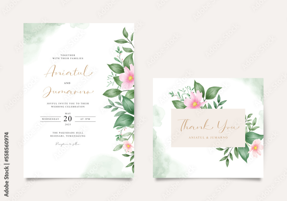 Beautiful wedding invitation and thank you card template with watercolor floral