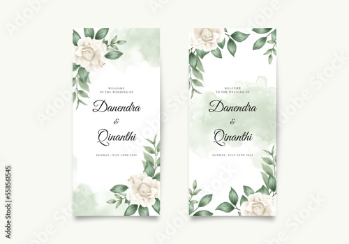 Welcome wedding banner with white roses and green leaves