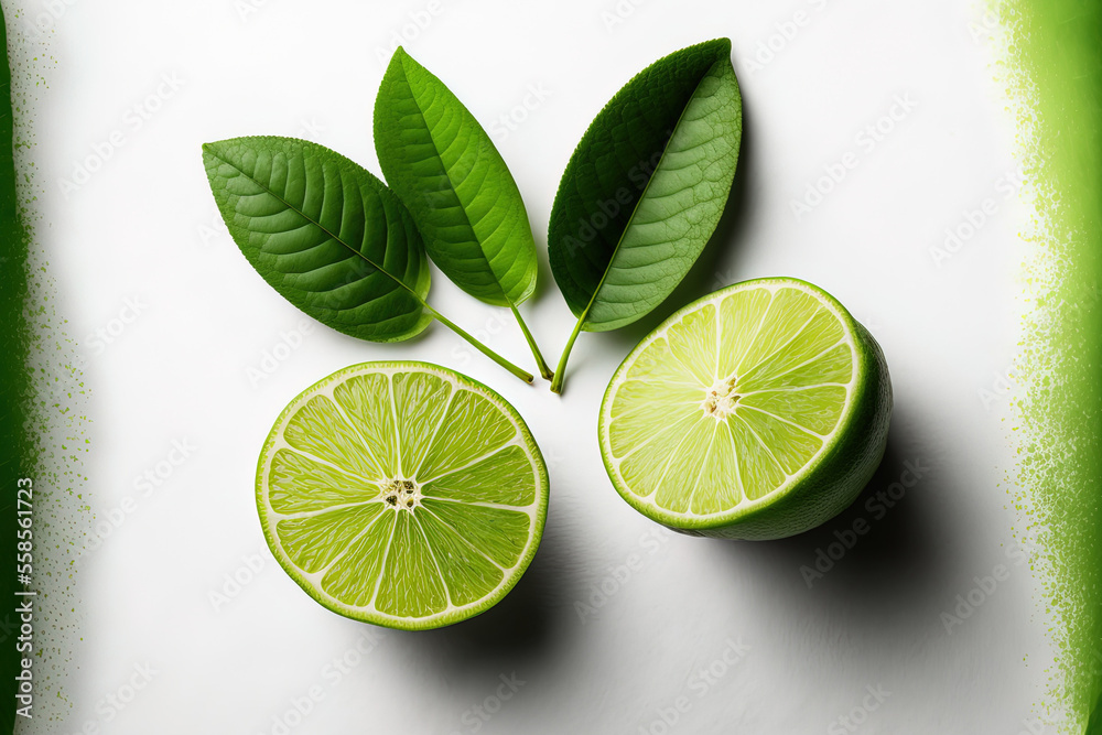 Fresh lime split in half with leaves isolated on white backdrop in flat lay. Generative AI Fresh lime split in half with leaves isolated on white backdrop in flat lay. Generative AI