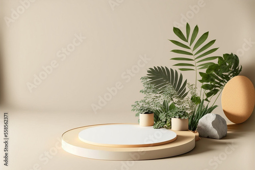 3D Podium for Product Display Showcase Background. Promotion Podium Stage Mockup. Trendy Minimalist Banner Stage  3D Render Illustration. Generative AI