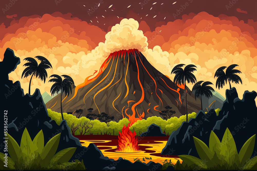 Tropical natural environment with an active volcano erupting. Cartoon mountain panorama natural catastrophe with fire and smoke backdrop, lava fountain, and volcanic hot ash clouds. Generative AI - obrazy, fototapety, plakaty 