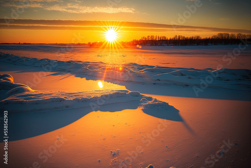 Winter sunset view over a snow covered field. Generative AI © 2rogan