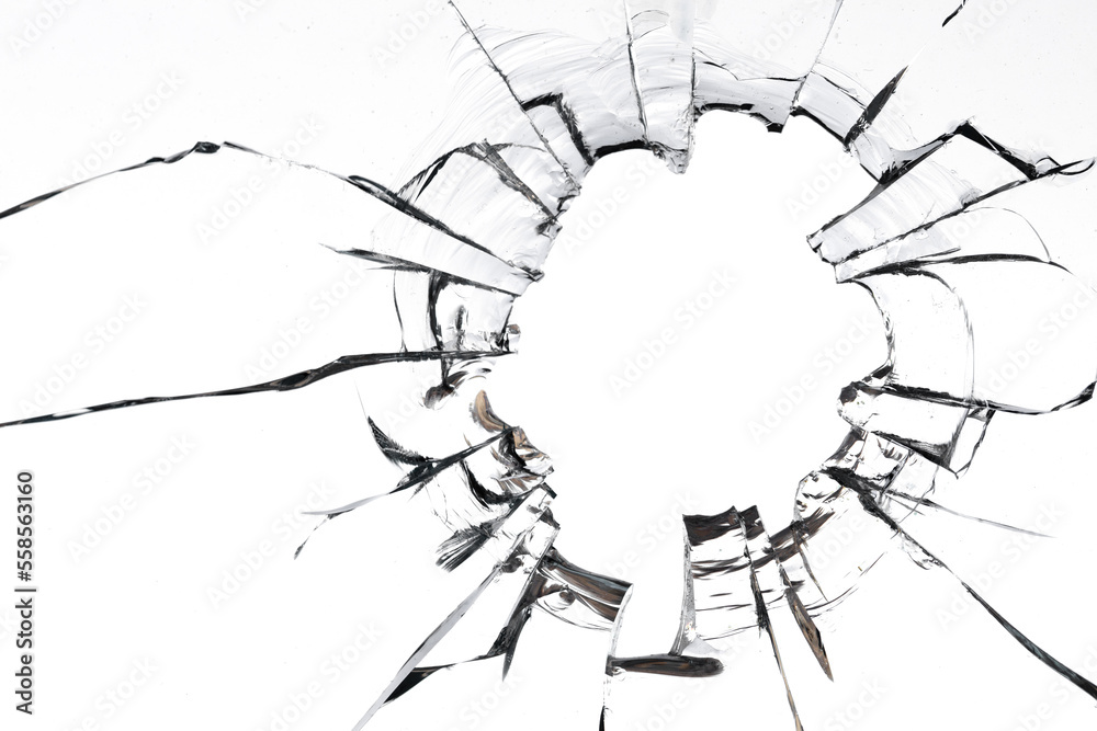 Cracks in the glass on a white background. Abstract background.