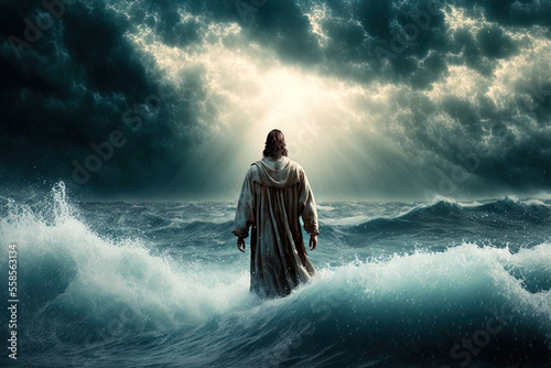 Jesus Christ walking on the sea while in a dramatic setting. Generative AI