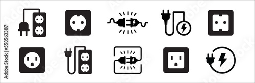 Electric power plug icon set. Electricity socket sign. Electrical symbol element. Vector stock illustration.