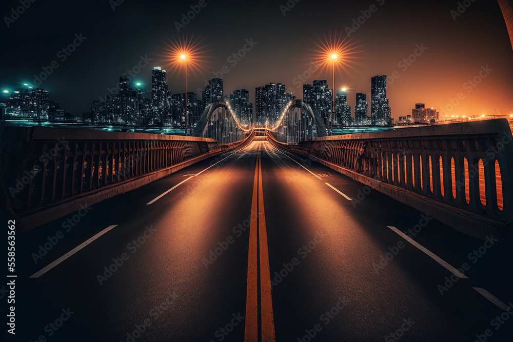 Asphalt road beneath the bridge is deserted at night, with a stunning city skyline in the backdrop. Generative AI