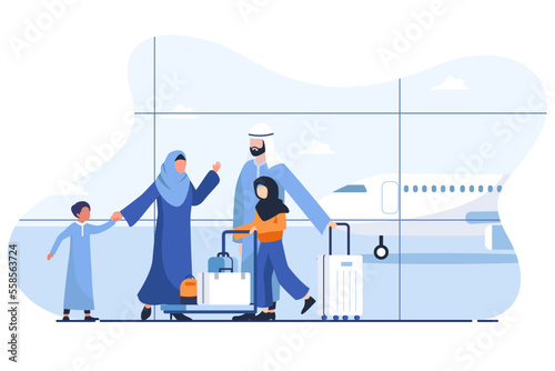 Arab Muslim Happy family at the airport. Family day or celebration flat design cartoon Vector illustration. can be used for family time on weekend concept or tourism and travel activities