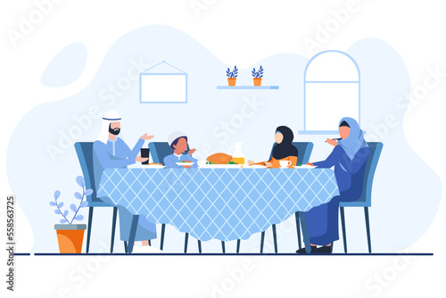 Saudi Arab man family vector. Father and mother with daughters boy and girl illustration