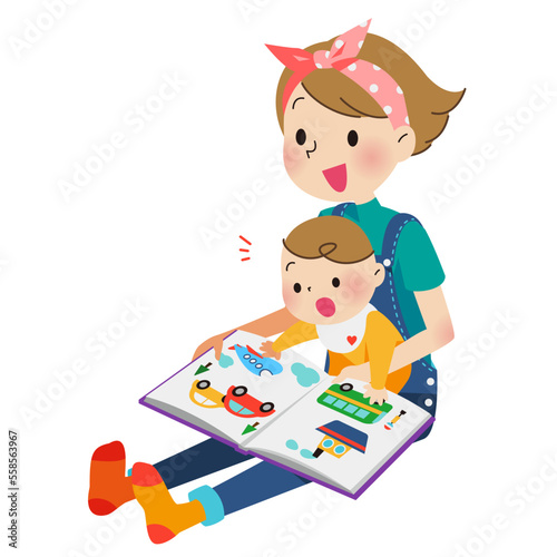 一緒に絵本を読むお母さんと赤ちゃん