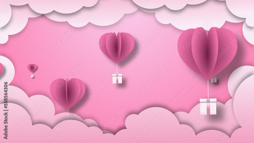Valentines day background, paper cut heart ballon flying on pink sky with pink clouds.