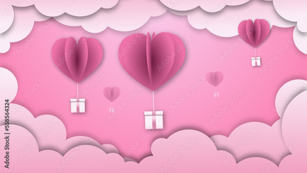 Valentines day background, paper cut heart ballon flying on pink sky with pink clouds.