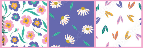 Collection of floral seamless pattern set of 3. Bright bold colorful flower motifs for spring and summer. Repeat botanical background for fabric, paper, stationery etc.