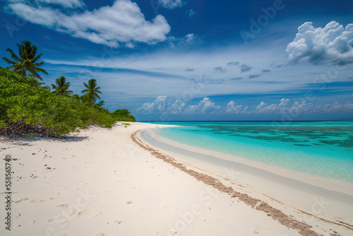 Beautiful tropical vacant beach with blue sky in the backdrop and white clouds. Generative AI