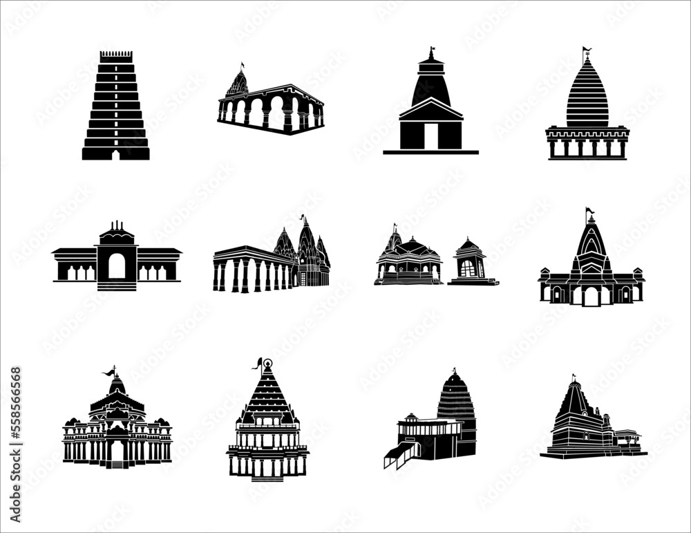 12 lord Shiv Jyotirlingas temple vector icons.