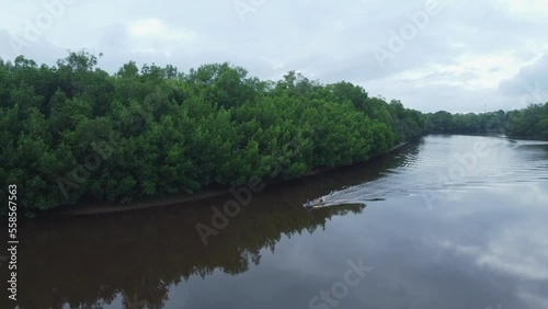 Drone view of speed boat on meandering river in Rompin Pahang, Malaysia photo