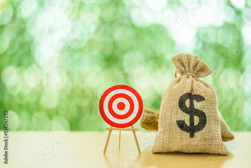Setting effective, achievable personal or corporate goals and objectives for long-term sustainable wealth, financial planning concept : US dollar bags, a red dartboard or a target board on a table.