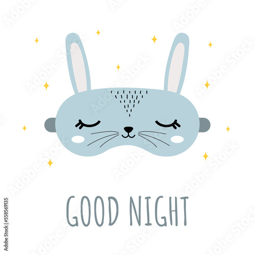 Sleep mask with cute rabbit. Eye protection accessory with animal. Nightwear for sleeping, dreaming and relaxation. Good night. Funny pajama element. Vector illustration in flat cartoon style.