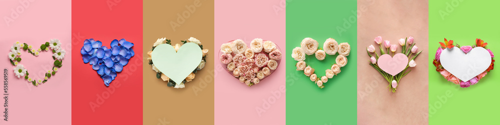 Set of hearts made of beautiful flowers on color background, top view Set of hearts made of beautiful flowers on color background, top view