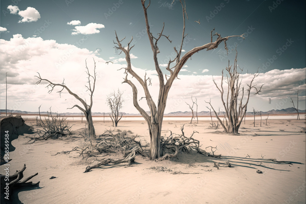 Trunks of dried dead trees with branches in middle of vast desert with cracked arid soil under cloudy sky. Generated AI Trunks of dried dead trees with branches in middle of vast desert with cracked arid soil under cloudy sky. Generated AI