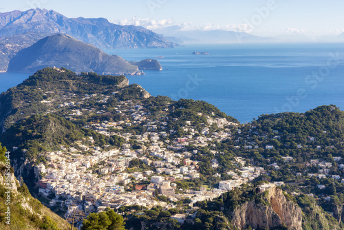 Touristic Town on Capri Island in Bay of Naples, Italy. Sunny Blue Sky.