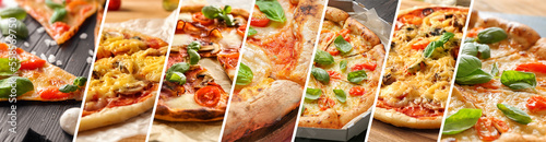 Collage with different tasty pizzas, closeup