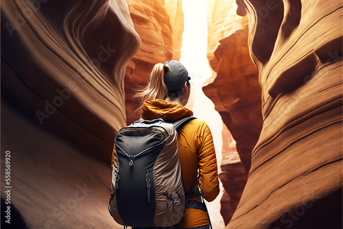 Female Tourist Hiker and Sandstone Antelope Canyon, back view. Generated AI