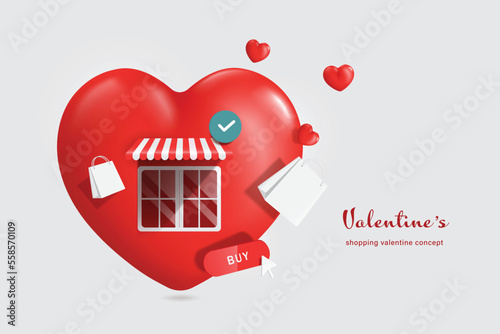 red heart shaped store or shop,shopping bags,order confirmation icon,buy button floating in air