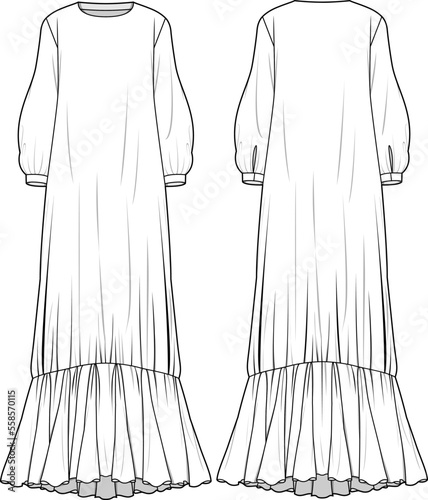 Women Abaya, Maxi Bishop Sleeve Dress with Frill Hem dress  Front and Back View. Fashion Illustration, Vector, CAD, Technical Drawing, Flat Drawing, Template, Mockup.