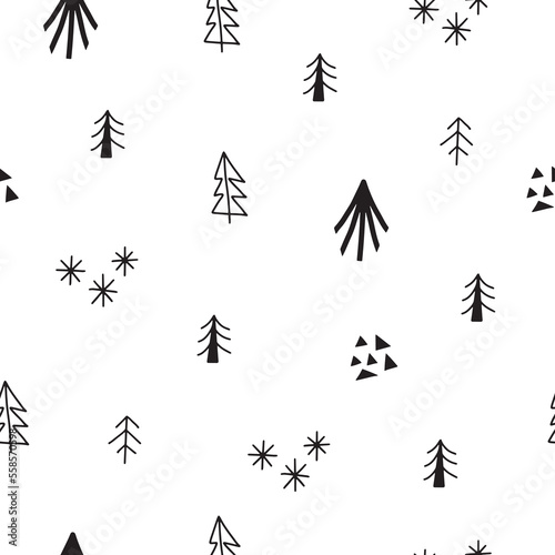 Seamless pattern of Scandinavian forest in doodle style. Vector illustration on a white background for decorating textiles, children's room, postcards