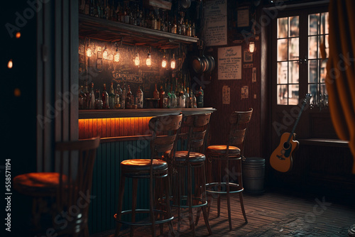 A dimly lit bar with stools and a guitar, Generative AI