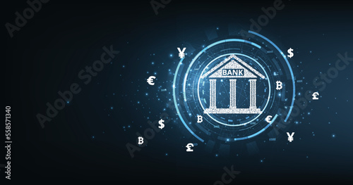 Banking and Finance concept illustration.Banking Technology concept.Isometric illustration of bank on dark blue technology background. Digital connect system. Financial and Banking technology concept.