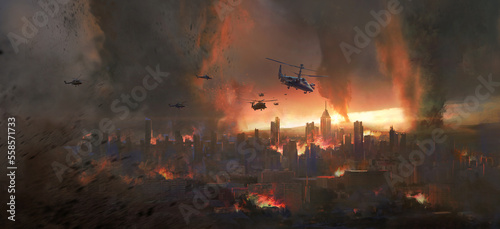 City in a tornado  doomsday scene  digital painting.