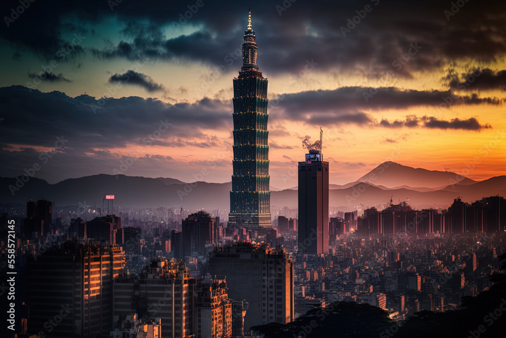 Fototapeta premium Conceptual Ai Generated Image (not actual) - Taiwan's Taipei City Skyline at dusk with lovely colours. Generative AI