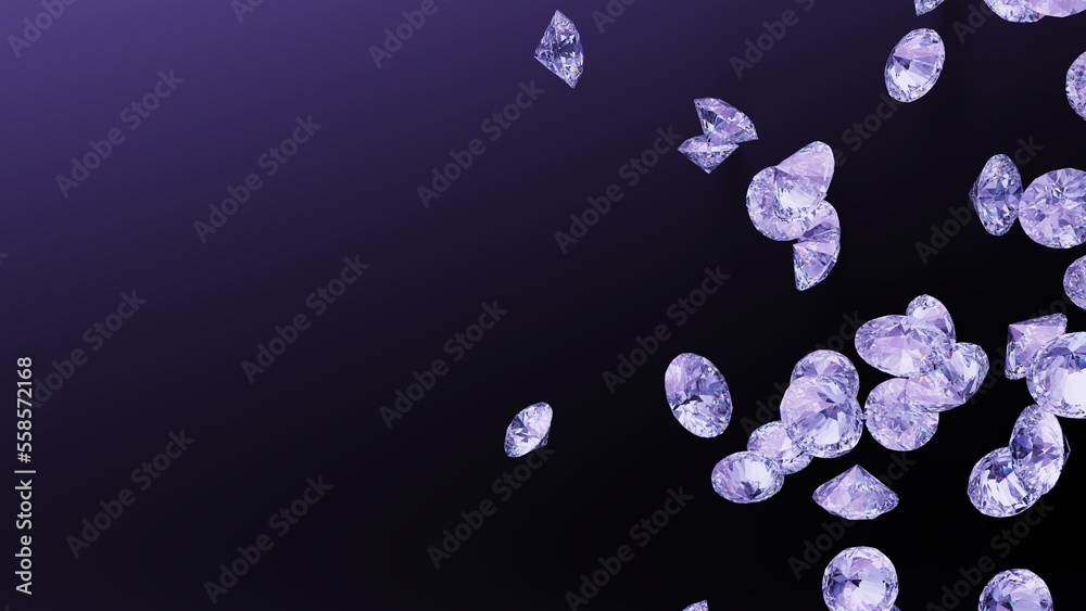 Shiny Diamonds on black-purple surface background. Concept 3D CG of luxury living, expensive things and high added value. Shiny Diamonds on black-purple surface background. Concept 3D CG of luxury living, expensive things and high added value.