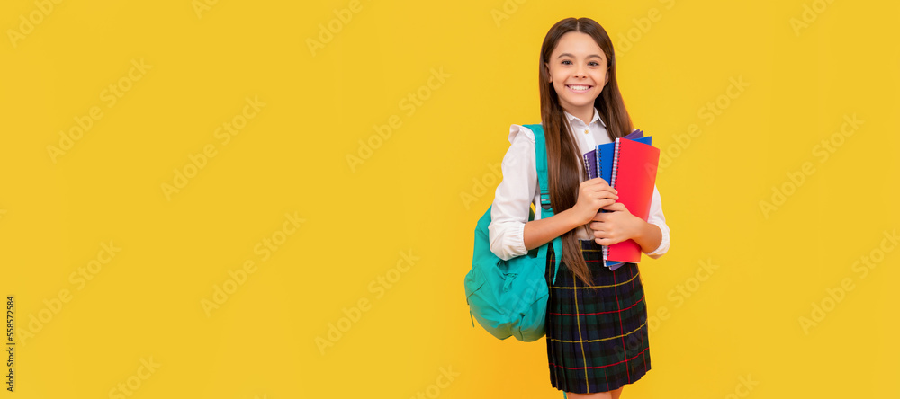 education in high school. schoolgirl with notepad and backpack. back to school. Banner of school girl student. Schoolgirl pupil portrait with copy space. education in high school. schoolgirl with notepad and backpack. back to school. Banner of school girl student. Schoolgirl pupil portrait with copy space.