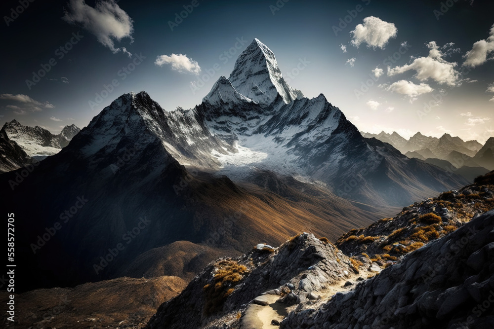 Panoramic a stunning picture of Mount Ama Dablam in Nepal while traveling to Everest Base Camp. Generative AI